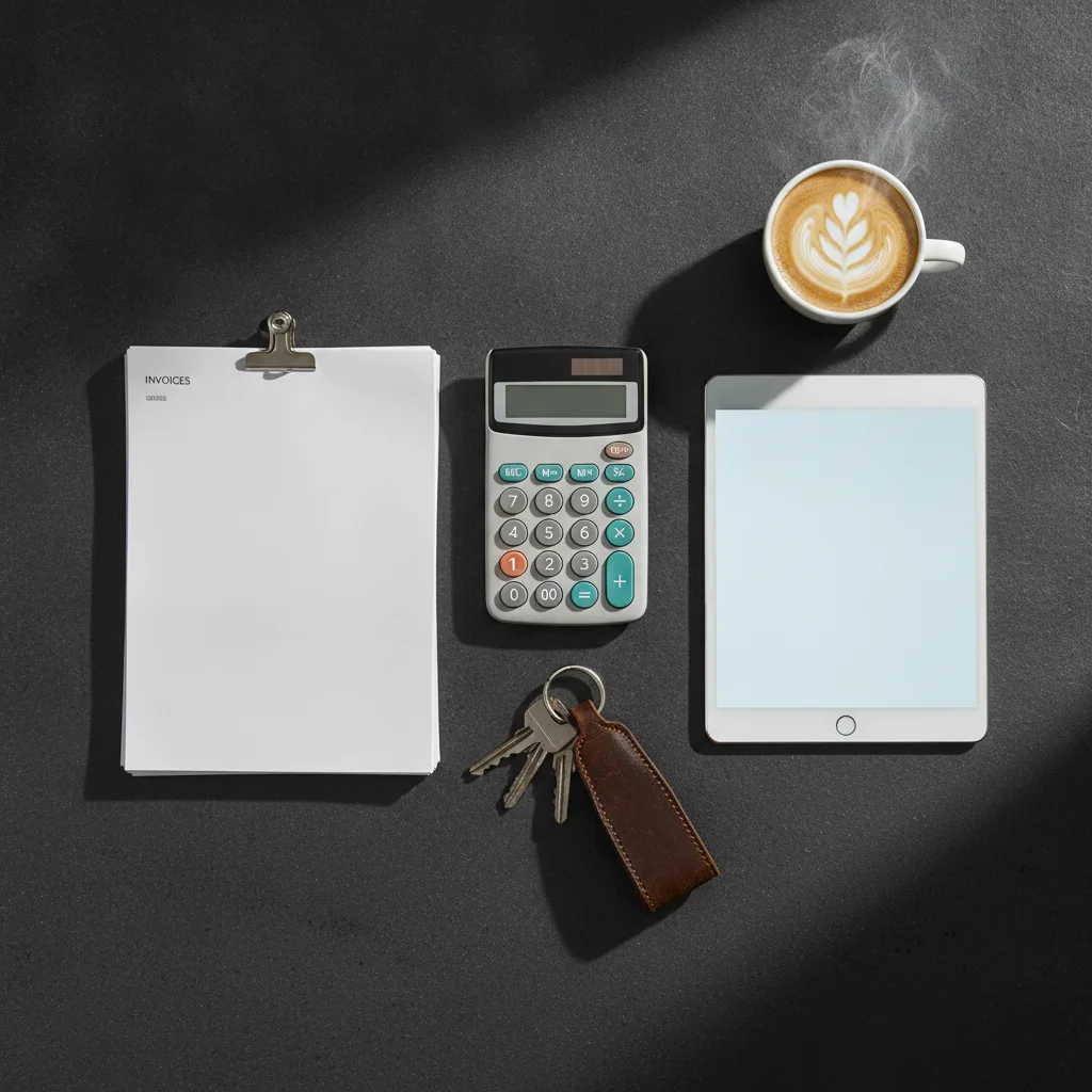 Top-down view of invoices, calculator, keys, tablet and coffee on a dark slate bench