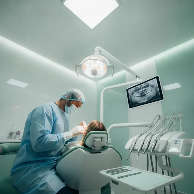 A dentist treats a patient in a modern surgery with an x-ray tablet nearby