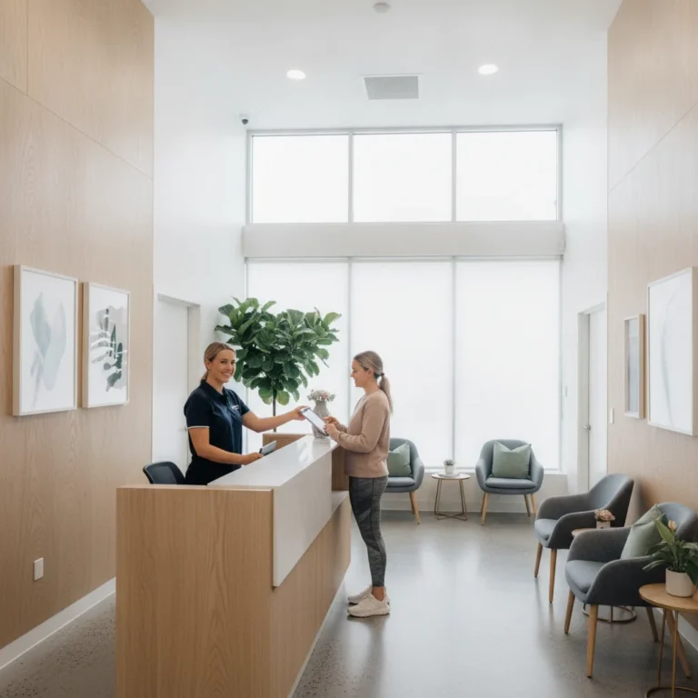Receptionist greeting a patient at a bright modern physio clinic