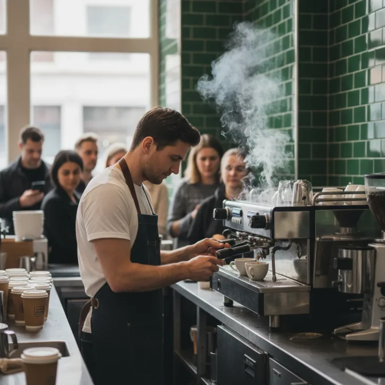 A barista works an espresso machine in a busy cafe during the morning rush