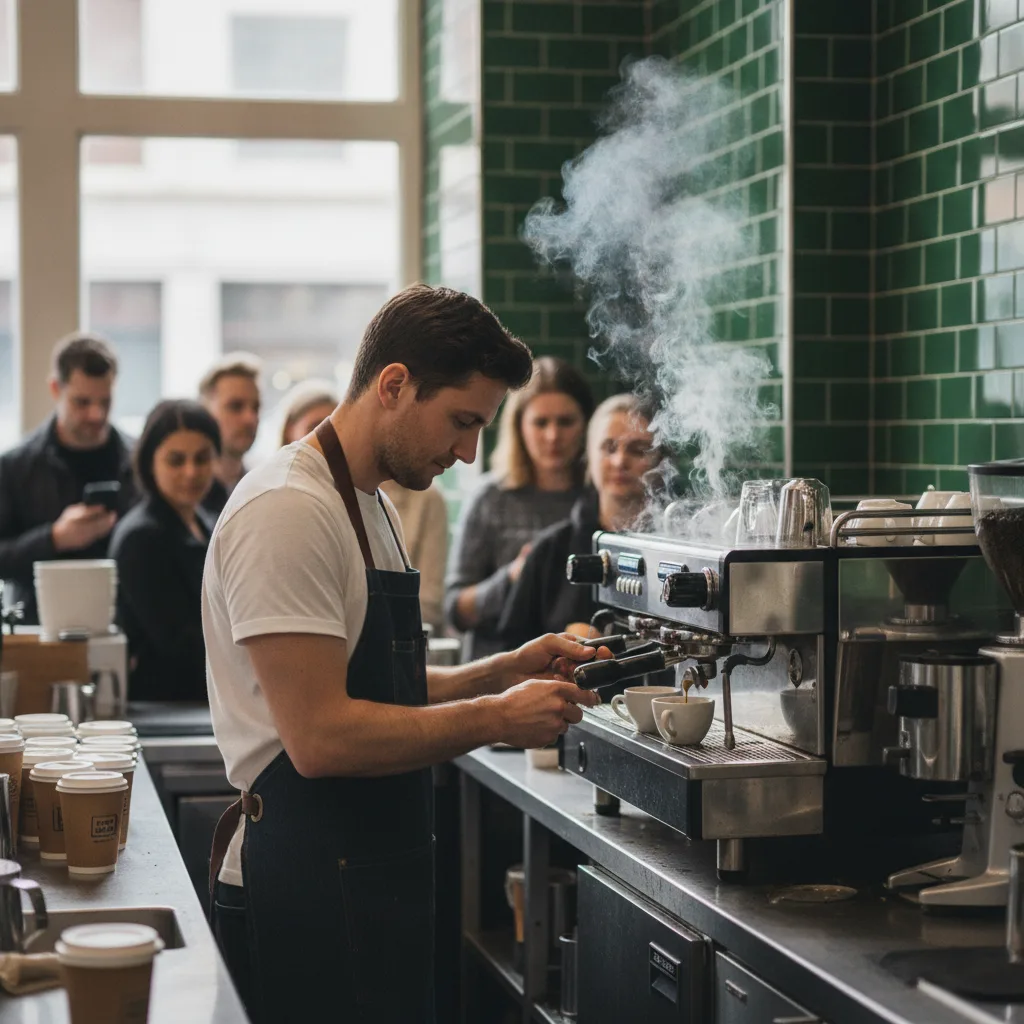 A barista works an espresso machine in a busy cafe during the morning rush