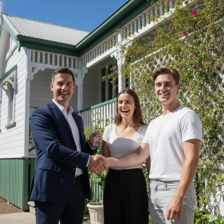 Broker shaking hands with a young couple at the front door of a white Queenslander home