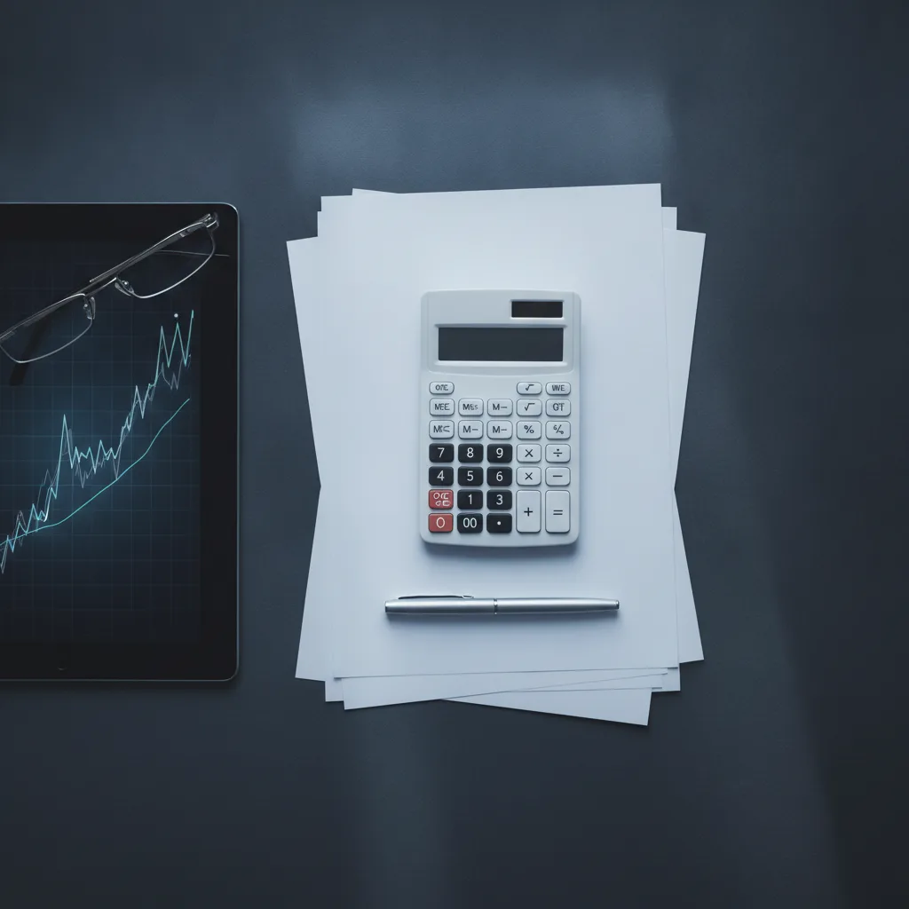 Flat-lay of a calculator, invoices, tablet and glasses on a slate grey surface