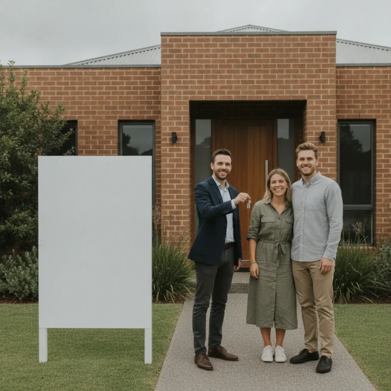 Real estate agent handing house keys to a young couple at a front door