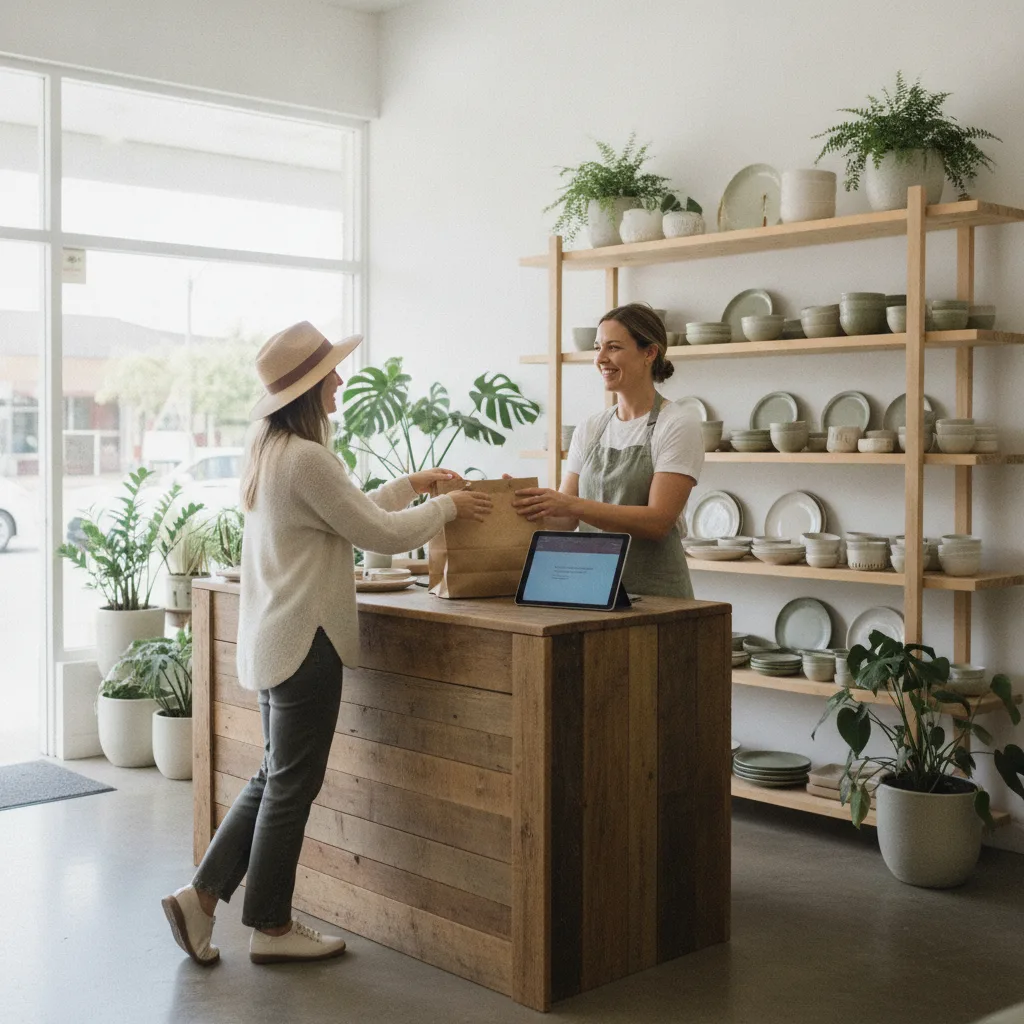 Shop owner handing a paper bag to a customer at the counter of a bright homewares boutique