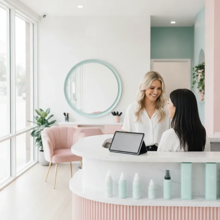 Stylist greeting a client at a bright pink and teal hair salon front desk