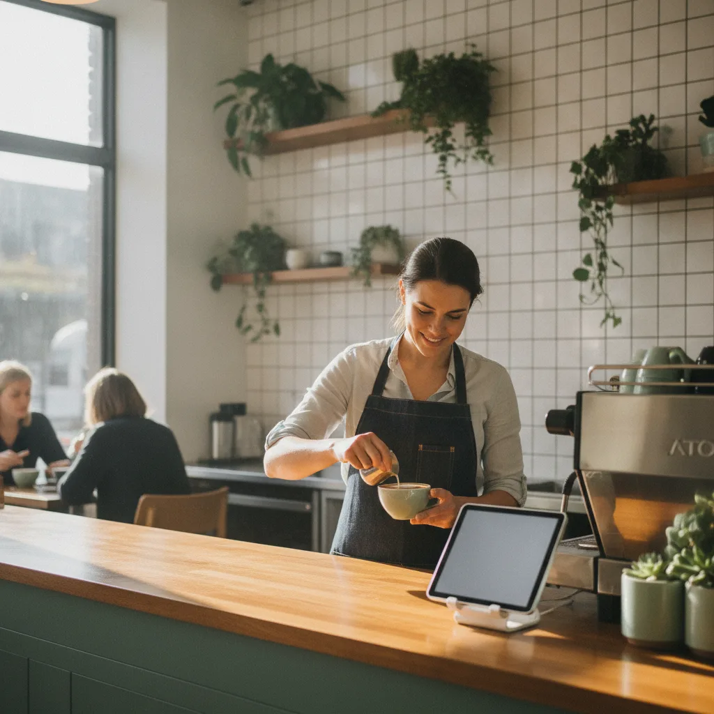 Cafe owner making a flat white with a tablet beside the espresso machine