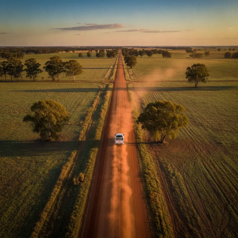 White ute driving along a red dirt road through farmland at sunrise
