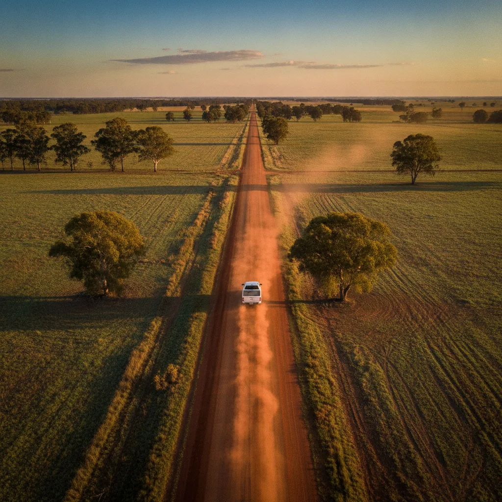 White ute driving along a red dirt road through farmland at sunrise