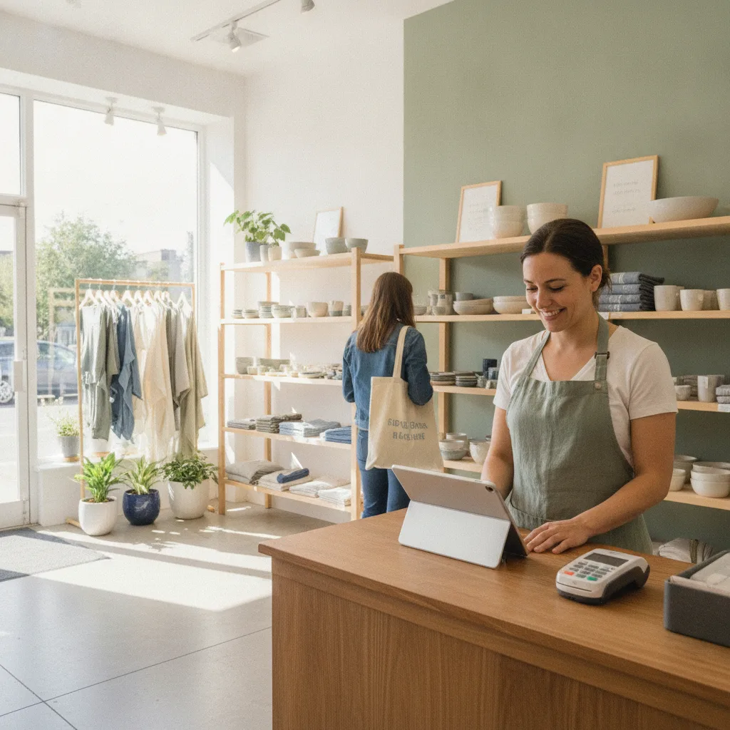 Boutique owner using a tablet at a retail counter while a customer browses