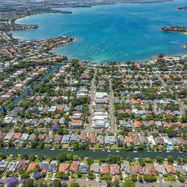 Aerial view of bayside Brisbane suburbs, red roofs and tree-lined streets beside turquoise water