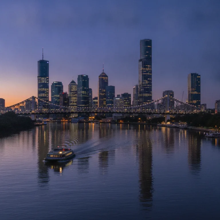 Brisbane CBD skyline and Story Bridge at blue-hour dusk, reflected in the river