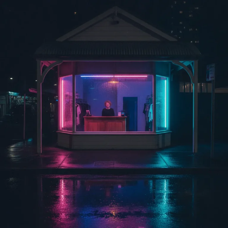 Brisbane boutique at night with neon light and the owner at the counter