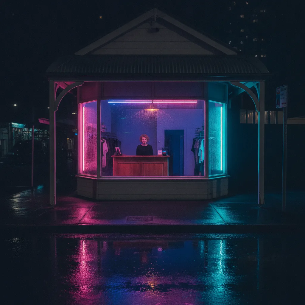 Brisbane boutique at night with neon light and the owner at the counter