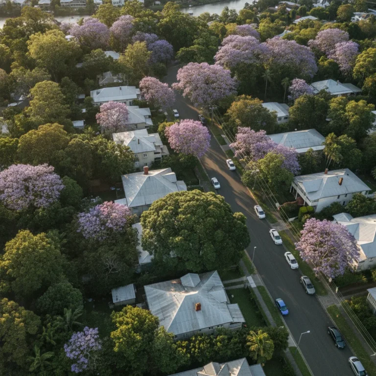 Aerial view of Brisbane suburban rooftops and jacaranda trees in late afternoon