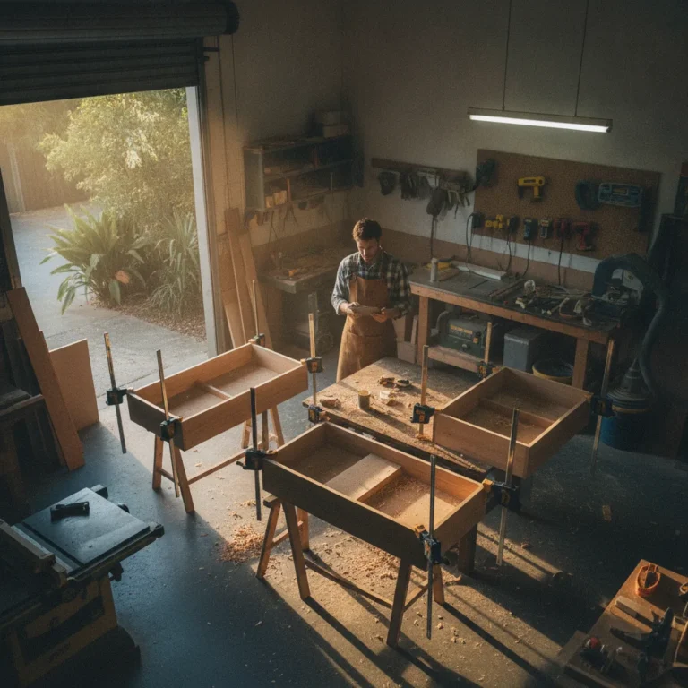A workshop owner in an apron looks at a tablet on a bench among half-built cabinets