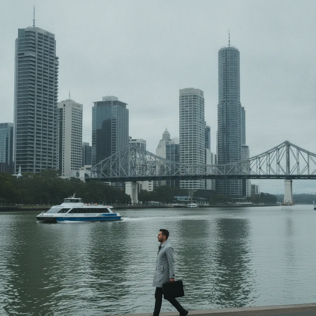 Brisbane river, Story Bridge and a ferry under soft overcast morning light