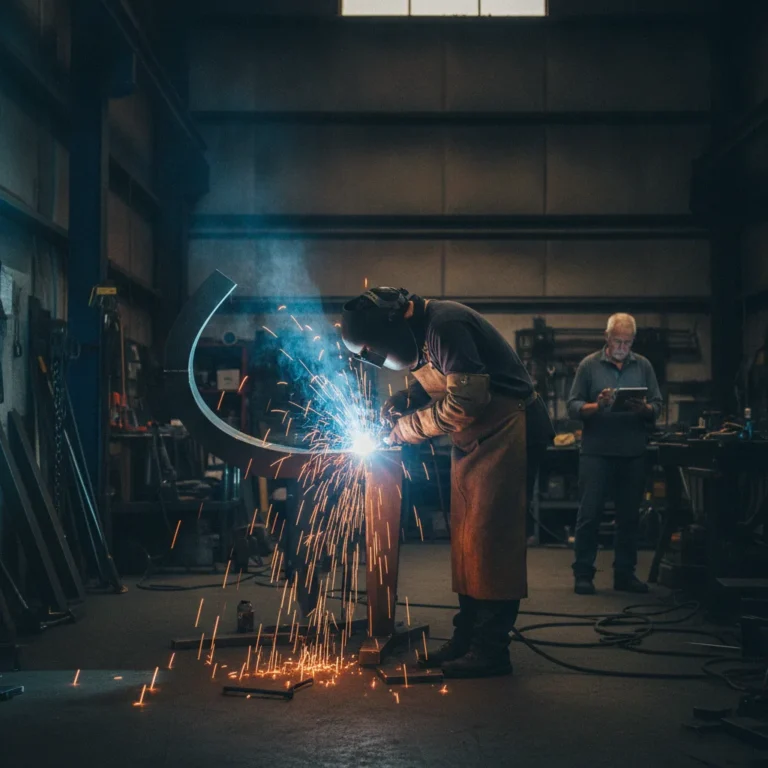 Welder throwing sparks in a small fabrication workshop while the owner checks a tablet behind