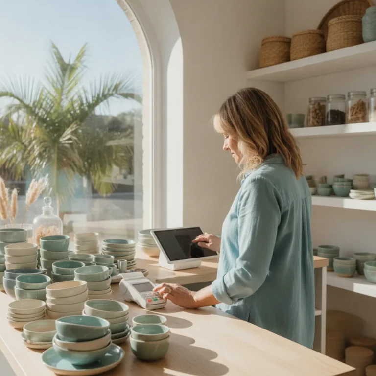 A shop owner uses a tablet at the counter of a bright coastal homewares store