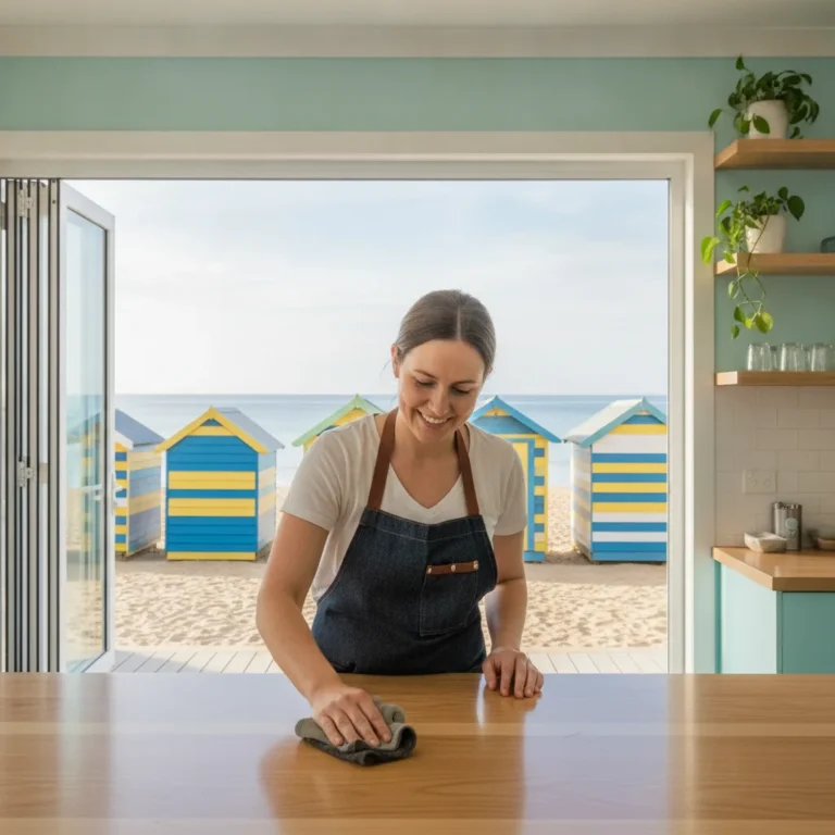 Cafe owner at a bright counter with beach bathing boxes visible through the doors