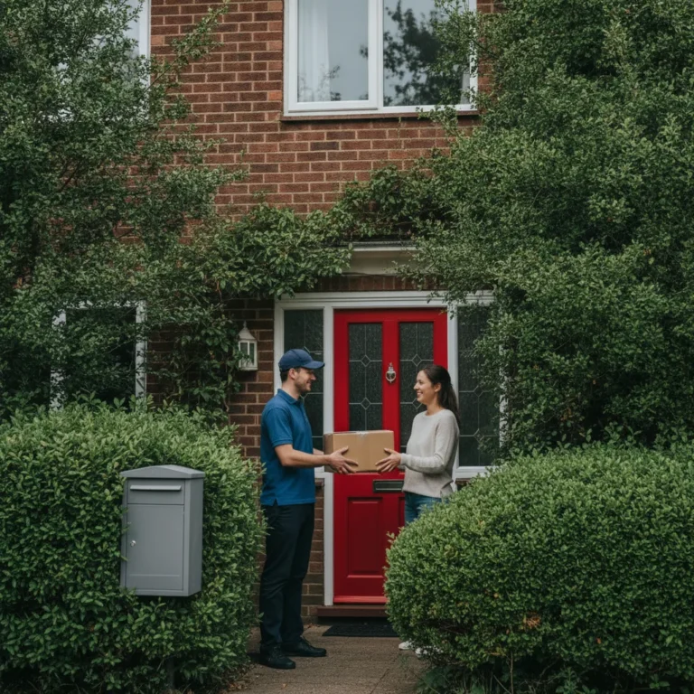 Courier handing a parcel to a woman at a suburban front door