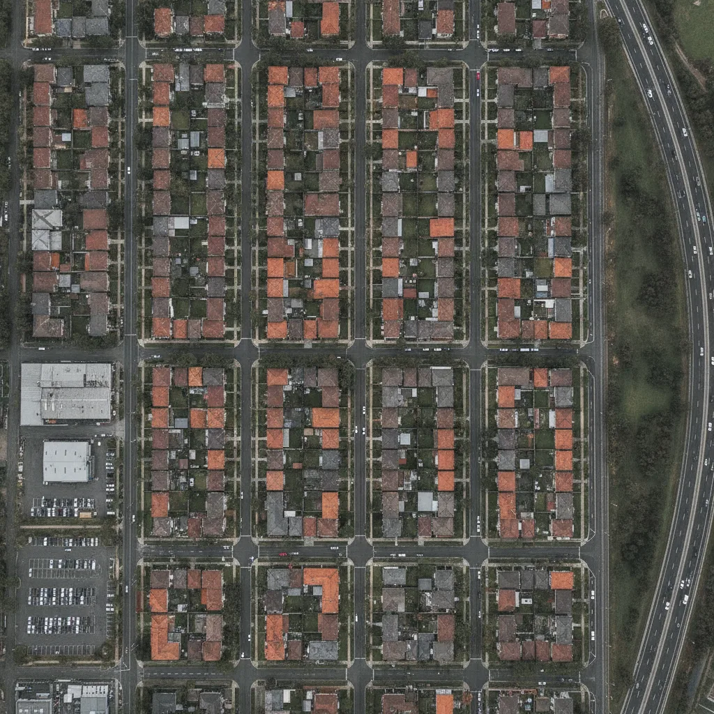 Aerial view of western Melbourne suburbs, roofs and roads under overcast sky