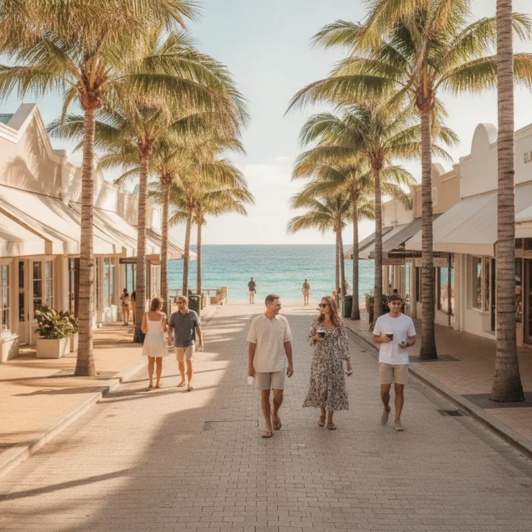 Sunny coastal main street with cafes, palm trees and an ocean view in Noosa