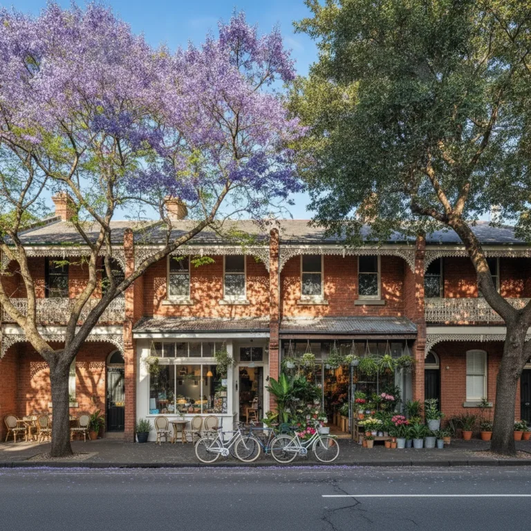 Inner West Sydney street with terrace shopfronts, bicycles and trees on a bright morning