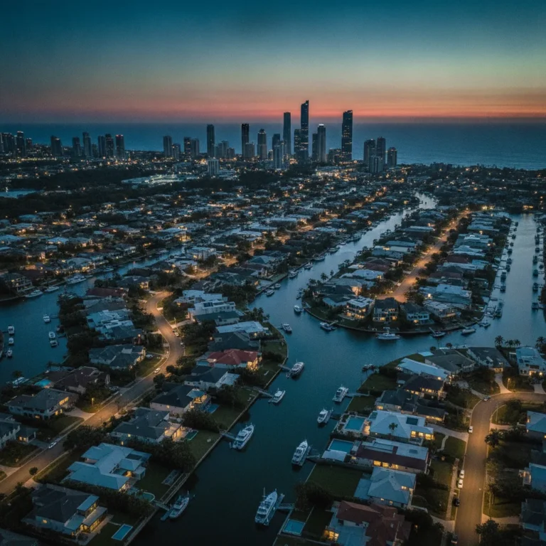 Aerial view of Gold Coast canal homes and city towers at blue dusk beside the ocean