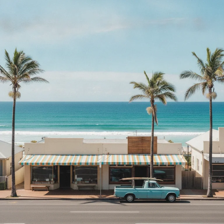 Sunny coastal town street with cafe awnings, palm trees, a parked ute and turquoise ocean behind