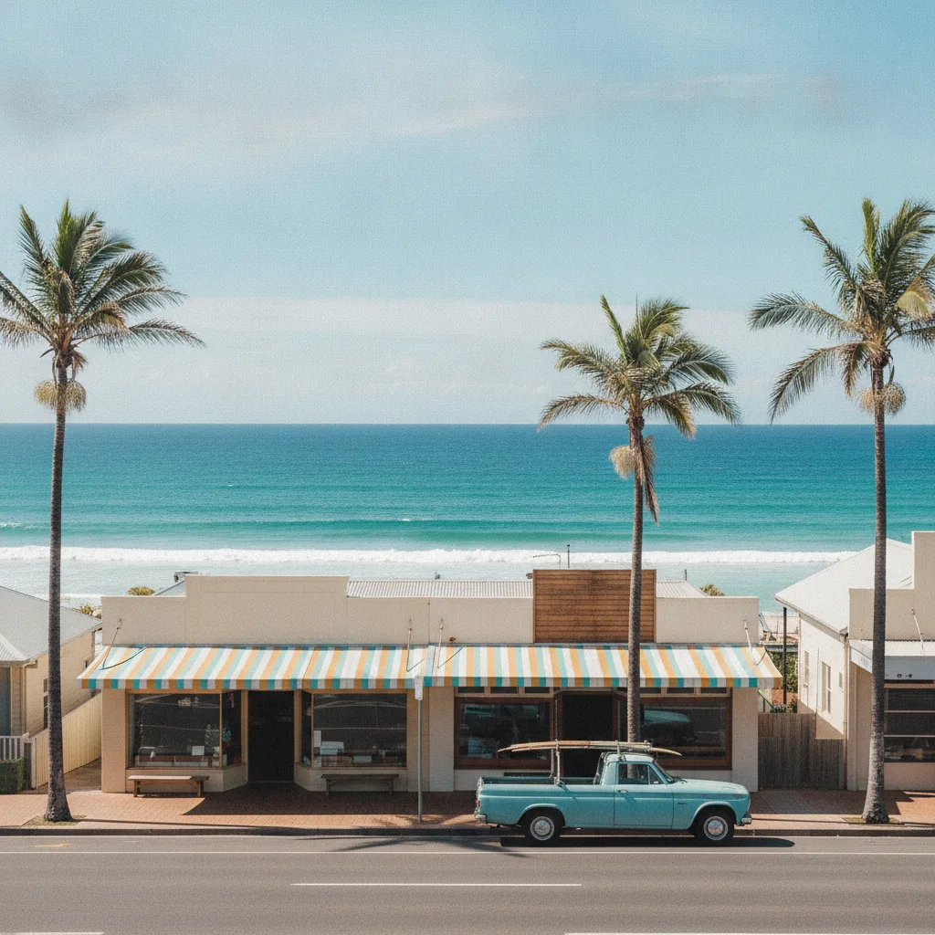 Sunny coastal town street with cafe awnings, palm trees, a parked ute and turquoise ocean behind