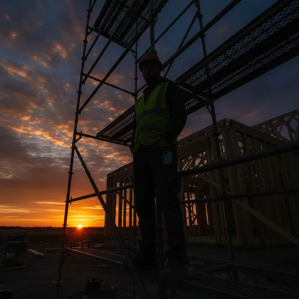 Builder on scaffolding at sunset finishing the day on a house build