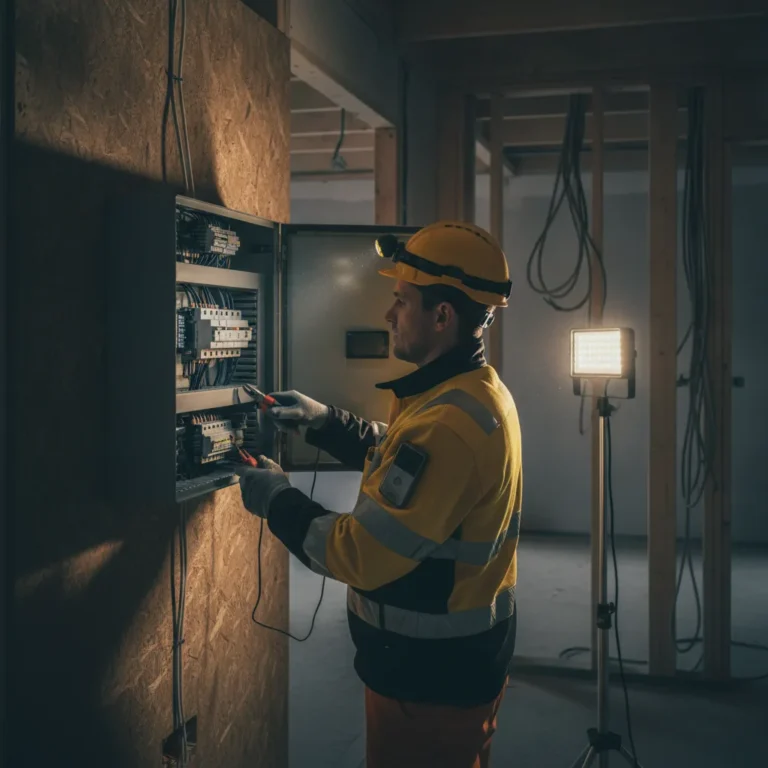 Electrician in hi-vis working at an open switchboard in a house under construction