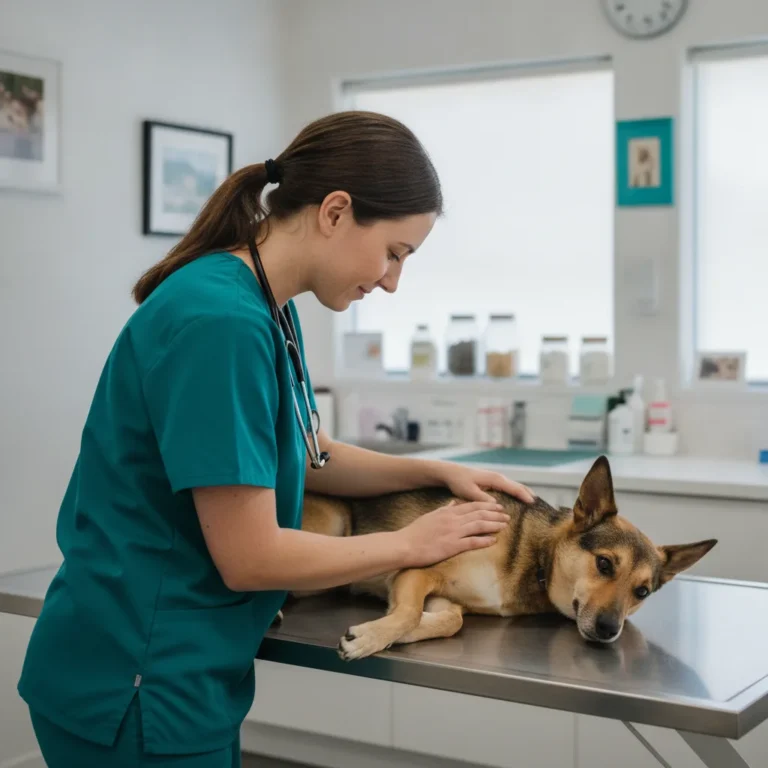 Vet in scrubs examining a kelpie on an exam table in a bright clinic