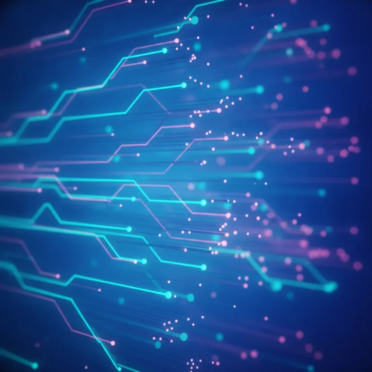 Abstract glowing fibre-optic data streams routing through nodes in teal and blue