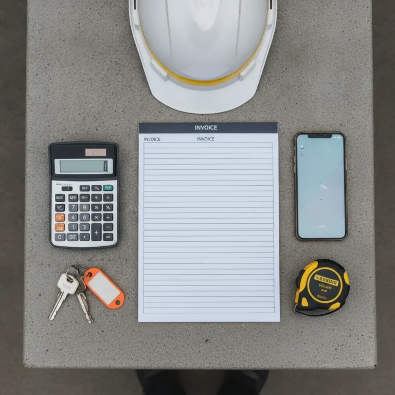 Flat-lay of a tradie's invoice pad, calculator, ute keys, phone, tape measure and hard hat on concrete