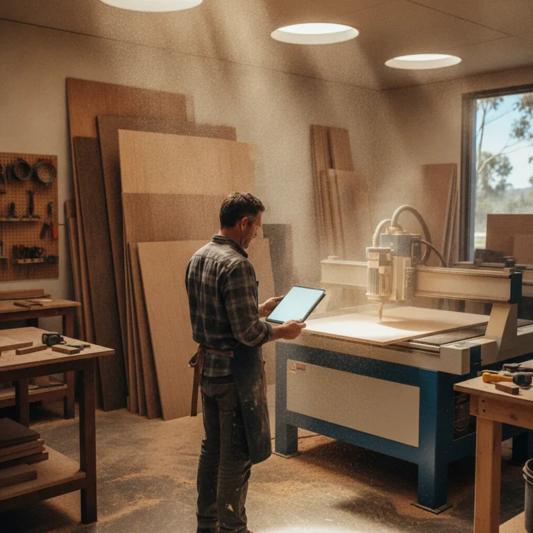 Cabinet maker with a tablet beside a CNC router in a sunlit workshop