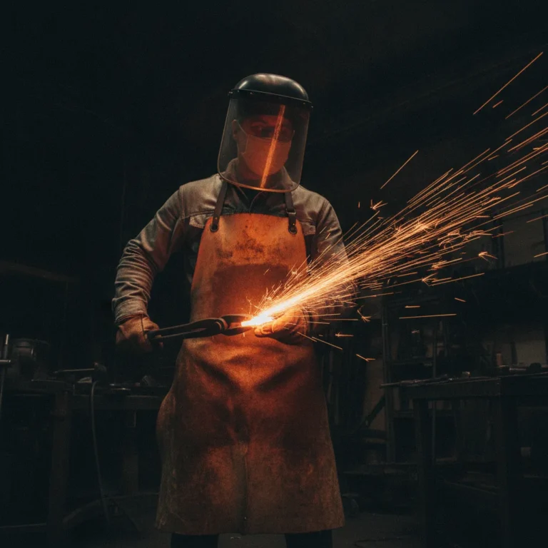 Fabricator holding glowing hot steel with sparks flying in a dark workshop