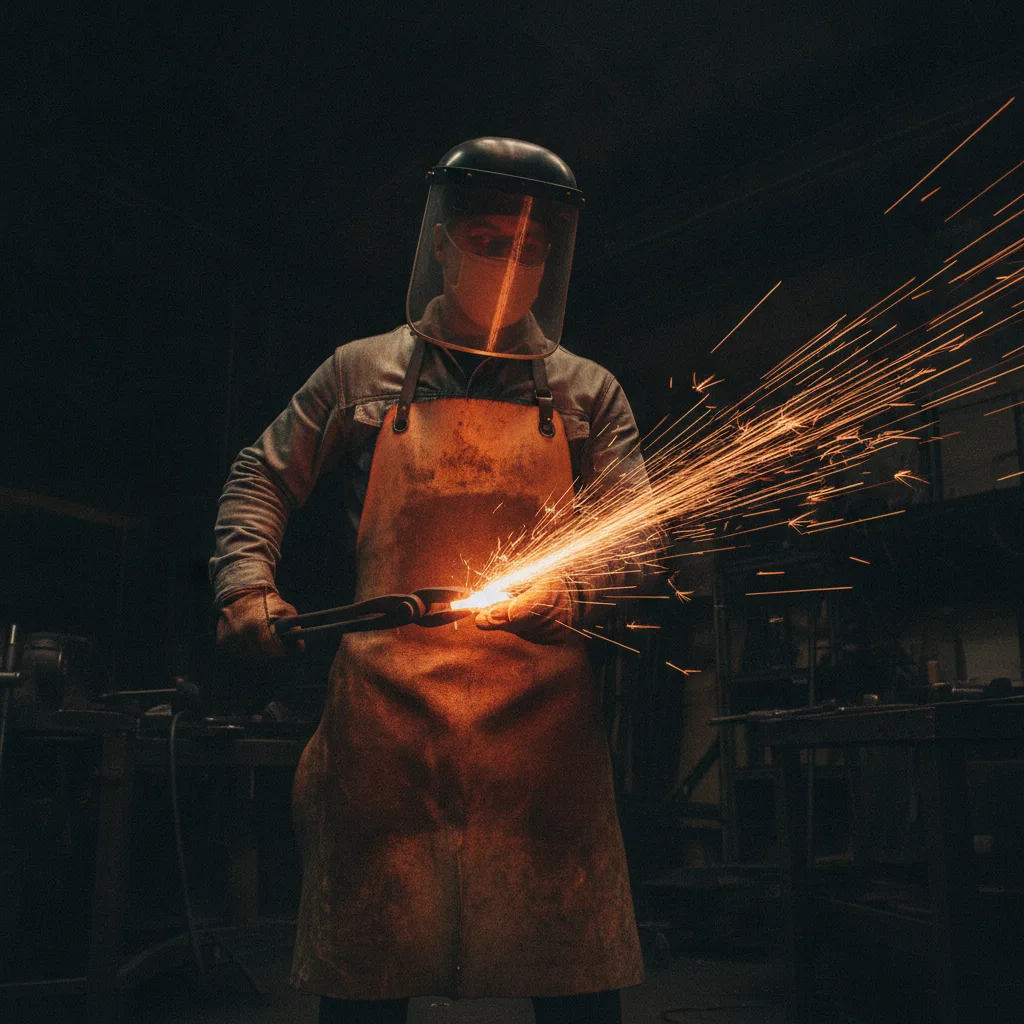 Fabricator holding glowing hot steel with sparks flying in a dark workshop