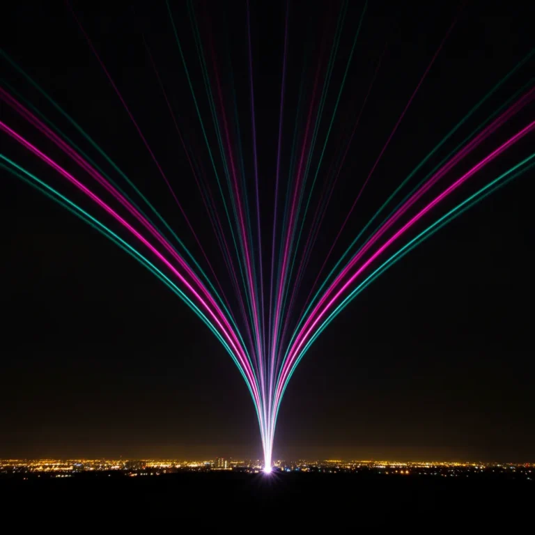 Magenta and teal light trails converging to one bright point against a dark night