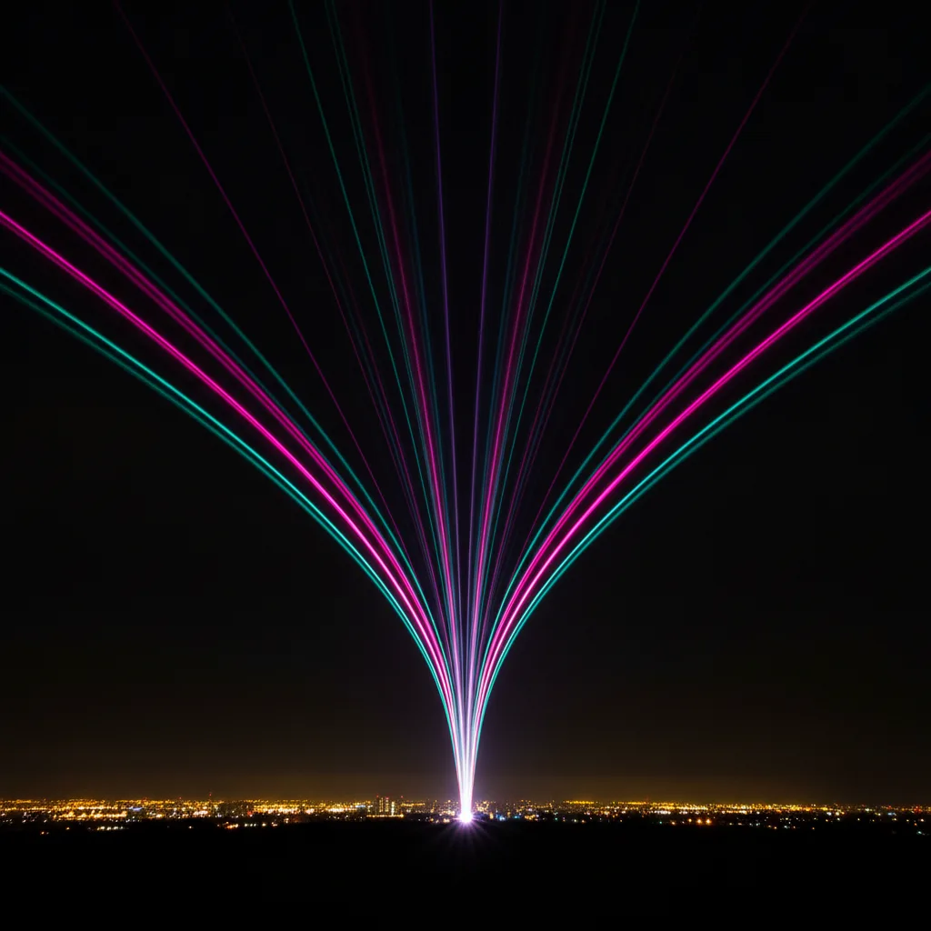 Magenta and teal light trails converging to one bright point against a dark night