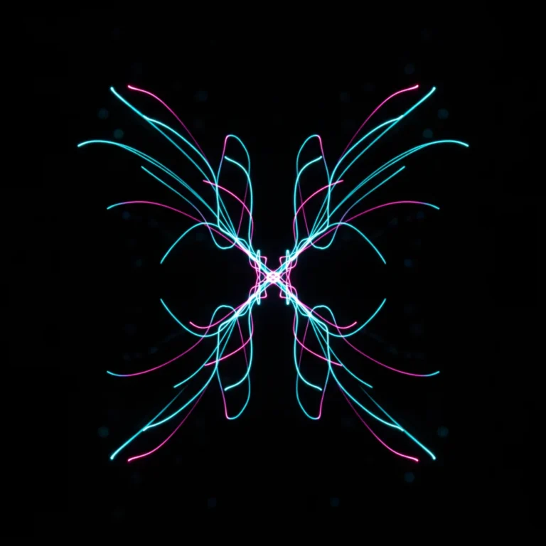 Abstract cyan and magenta light streams branching into glowing network nodes on a dark background
