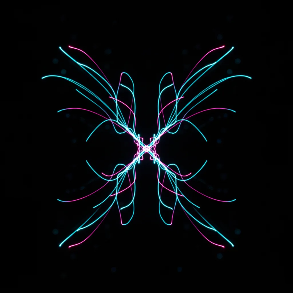 Abstract cyan and magenta light streams branching into glowing network nodes on a dark background
