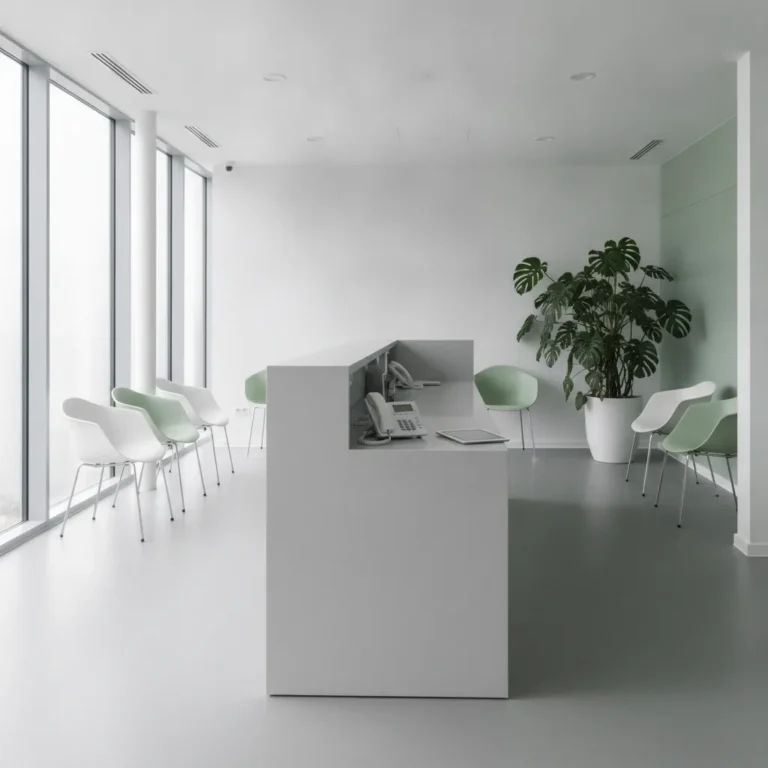 Quiet modern medical clinic front desk with a phone and waiting chairs