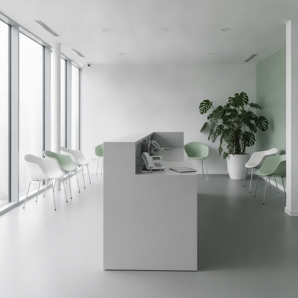 Quiet modern medical clinic front desk with a phone and waiting chairs