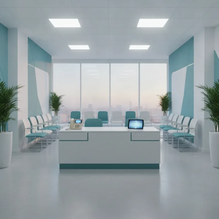 Quiet modern clinic reception desk with a lit phone and tablet at early morning