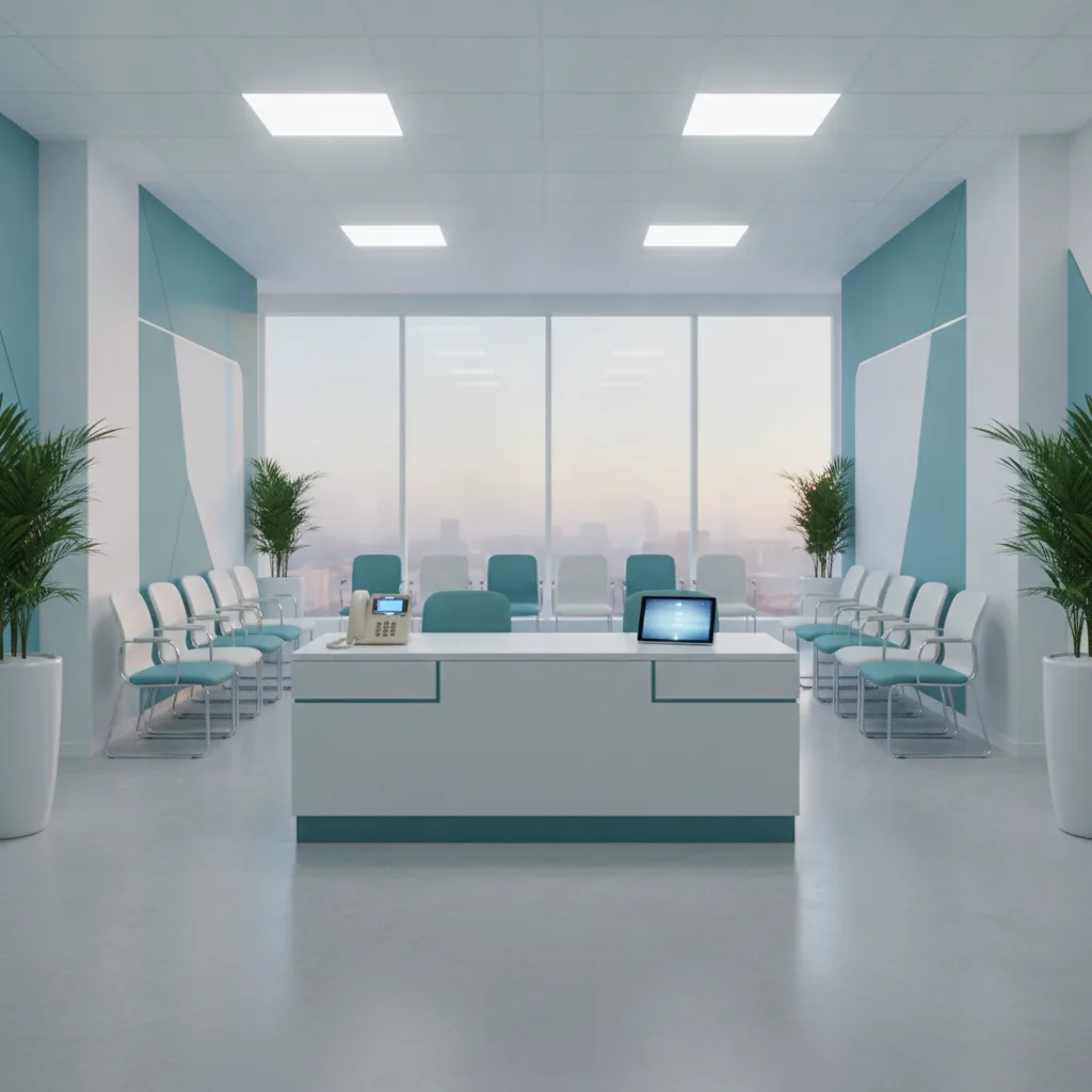 Quiet modern clinic reception desk with a lit phone and tablet at early morning