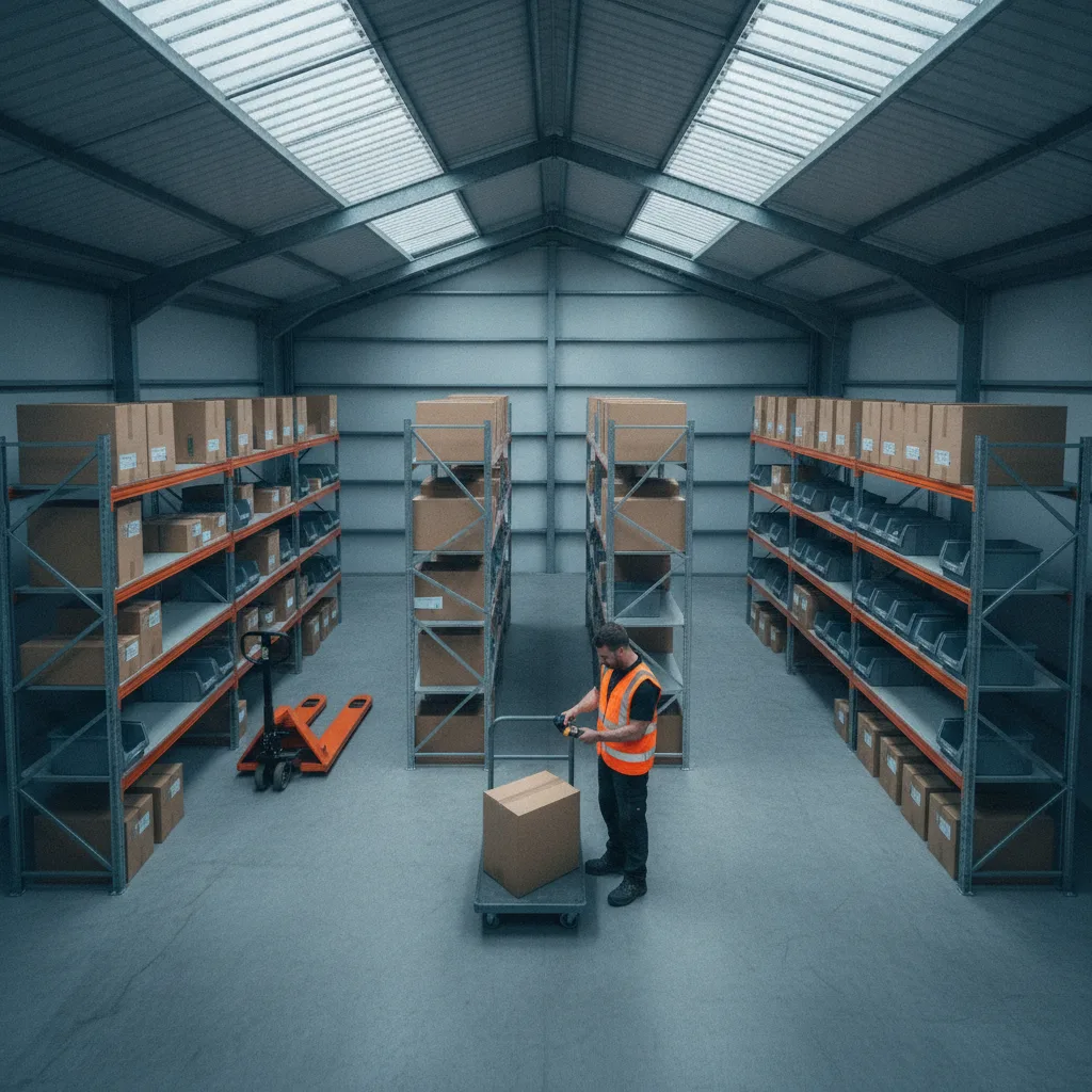 Warehouse worker in hi-vis scanning a box beside tidy shelving