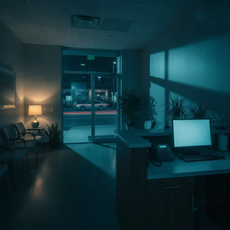 Dental clinic reception at night with a glowing phone and monitor on the counter