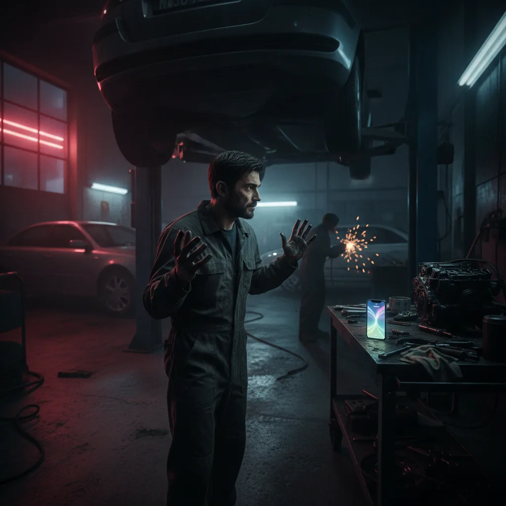 Mechanic under a raised car at night glancing at a ringing phone on the bench